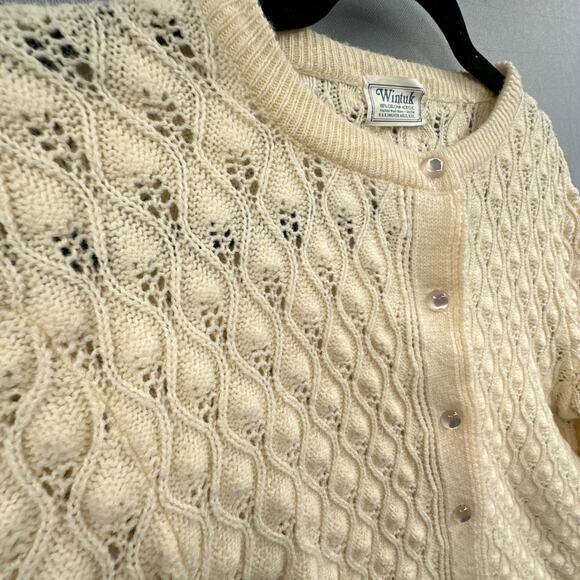 VTG Cardigan Sweater S Cream Granny Cottagecore 60s Mod MCM Bubble Knit Pearl US - Picture 10 of 15